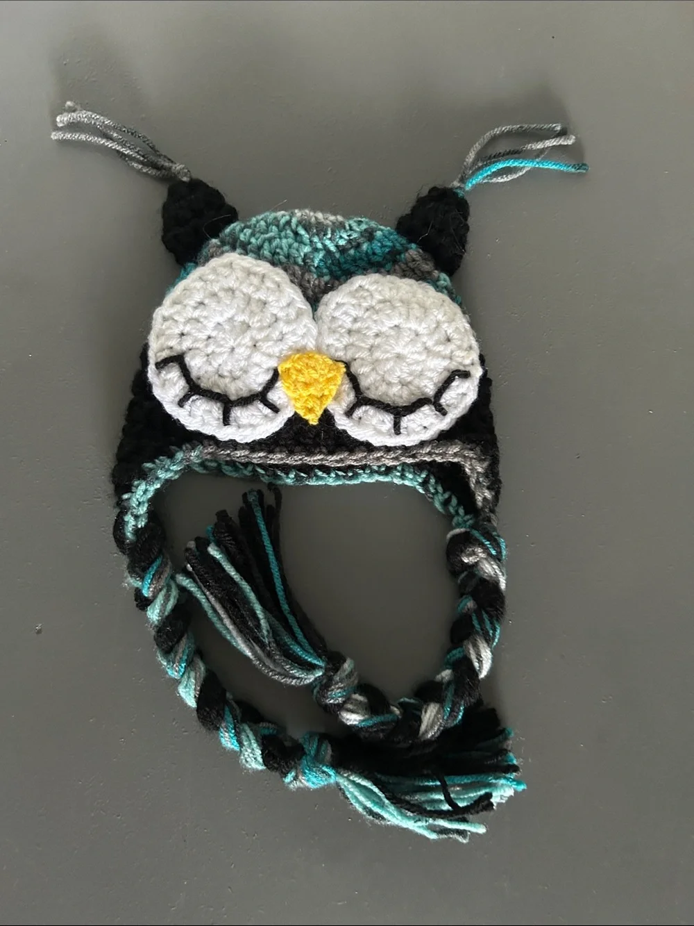 Kids Crochet Owl Earflap Hat - Teal, Black & Gray